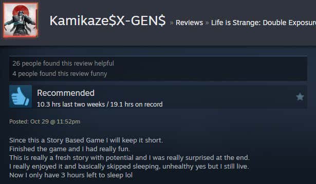 Screenshot showing a Steam review for Life is Strange: Double Exposure.